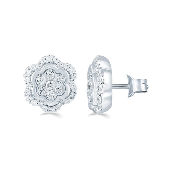 14k Diamond Clover Stud Earrings Floral Cluster - Picture 4 of 8